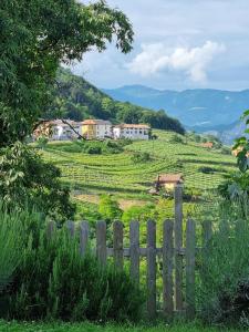 a wooden fence in front of a field with houses at cottage lavanda e rosmarino in Lavis