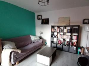 a living room with a couch and a book shelf at Appartement de charme, Garage, Terrasse, Piscine in Lyon