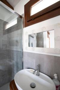 La salle de bains est pourvue d'un lavabo, d'une douche et d'un miroir. dans l'établissement Casa tipica nel borgo antico, à Armungia