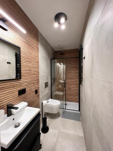 a bathroom with a toilet and a sink and a shower at Green Hill Apartments Katowice in Katowice
