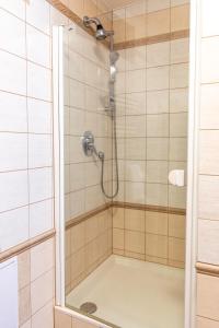 a bathroom with a shower with a tub at Tatryhome - dom in Veľký Slavkov