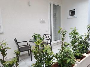 a patio with two chairs and a table and plants at Clio's House - Mondello in Mondello