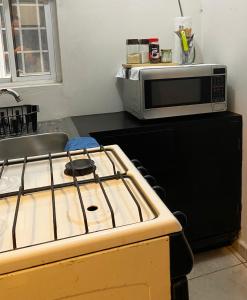 a kitchen with a stove and a microwave on a counter at Hotel Magnolia in Tampico