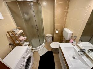 ein Badezimmer mit einer Waschmaschine und einem Waschbecken in der Unterkunft Belgrade Apartment 2 in Zvezdara