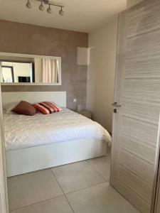 1 dormitorio con cama y espejo en Très joli 2 pièces calme ensoleillé avec piscine en Niza