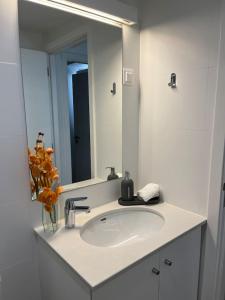 a bathroom with a sink and a large mirror at HOUSE NEXT TO THE THEATER in Évora