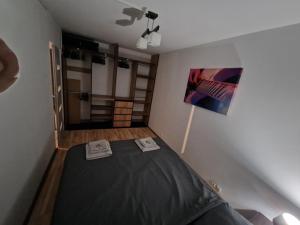 a bedroom with a black bed in a room at Leśny Kącik tuż przy centrum miasta in Krosno