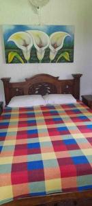 ein Bett mit einer bunten Decke und einem Gemälde an der Wand in der Unterkunft RanchoVista coffee ring The land of Encanto in Quimbaya