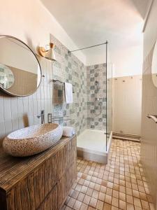 een badkamer met een grote wastafel en een douche bij Le cocon de l’abbaye in Marseille