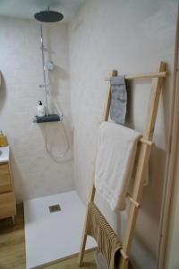 La salle de bains est pourvue d'une douche et d'une serviette sur une échelle. dans l'établissement El estudio de Jessica, à La Laguna