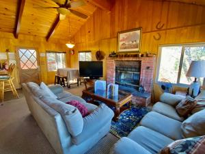 a living room with couches and a fireplace at Rest N Relax Inn - Beautiful chalet-style cabin features dramatic forest and slope views! in Big Bear Lake
