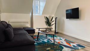 a living room with a couch and a flat screen tv at RhizHome - Coeur de ville, appartement spacieux in Auxerre