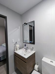 a bathroom with a sink and a mirror and a toilet at Cómodo y céntrico mono ambiente in La Paz