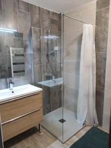 a bathroom with a glass shower and a sink at Apparthotel La Livinière in La Livinière