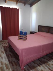 1 dormitorio con cama rosa y cortina roja en Cabaña La Agostina en Mina Clavero