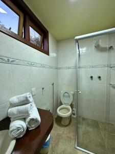 a bathroom with a toilet and a glass shower at Chalés Bela Vista in Monte Verde