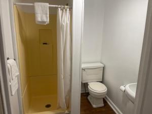 a white bathroom with a toilet and a shower at Pennswoods Inn in Manheim