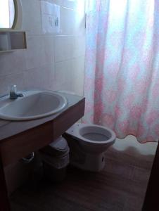 łazienka z umywalką, toaletą i zasłoną prysznicową w obiekcie APARTAMENTOS CINKEM w mieście La Loma
