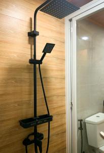 a shower in a bathroom next to a toilet at Ace Tiny Home in Alaminos - Home of the Hundred Islands in Alaminos
