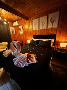 um quarto com uma cama grande e um cisne em Chalé Geburt em Monte Verde mais 34 fotografias