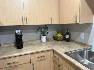 a kitchen counter with a sink and a bottle of wine at Cowtown 1 bedroom in Downtown FT Worth in Fort Worth