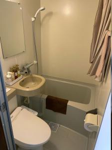 uma pequena casa de banho com WC e lavatório em A private retreat Cotton Club Cottage em Takamori