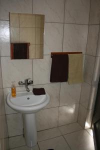 a bathroom with a sink and a mirror and towels at Infinity farm in Riversdale