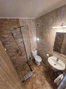a bathroom with a shower and a toilet and a sink at SeaHorse GuestHouse in Năvodari