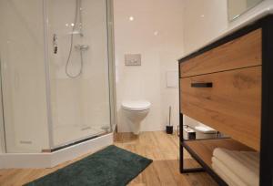 a bathroom with a shower and a toilet at Apartament nad Wisłą in Płock