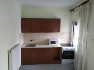 a small kitchen with a sink and a microwave at Big family house (detached) in Néa Péramos