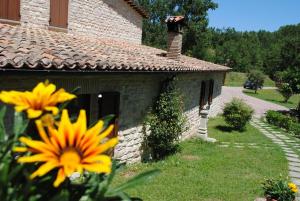 una casa de ladrillo con una flor delante de ella en Il Bosso en Cagli