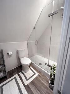 a white bathroom with a toilet and a shower at Aviary Lodge in Hurn