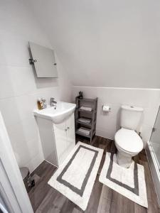 a bathroom with a white toilet and a sink at Aviary Lodge in Hurn