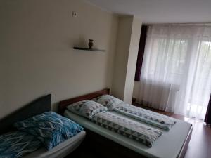 a bedroom with two beds and a window at Family Holiday Apartman in Nyíregyháza