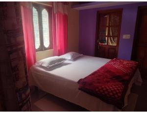 una camera da letto con un letto con pareti e finestre viola di Kalp Palace, Devgram a Chamoli