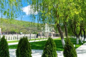 park z metalową bramą i drzewami w obiekcie Vega resort Restaurant & Lodge w mieście Orszowa