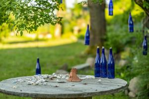 Una mesa con tres botellas azules encima. en Twórcze Poddasze Elgnowo, en Dąbrówno