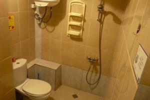 a small bathroom with a toilet and a shower at Why Me Eco-friendly Rooms in Tbilisi City