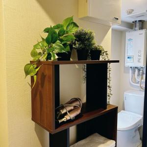 une étagère avec des plantes et des chaussures dans une salle de bains dans l'établissement 四季の彩　浅草宿, à Tokyo