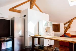 eine Küche mit einem Kühlschrank aus Edelstahl und einer Theke in der Unterkunft Gîte Belle Vue in Alise-Sainte-Reine