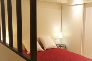 ボルドーにあるSauvageau - Appartement 1 chambre avec Parkingのベッドルーム(鏡付きの赤いベッド付)