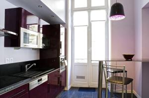 ボルドーにあるLouis Combes - Appartement 1 chambre avec parkingのキッチン(紫色のキャビネット、黒いカウンタートップ付)