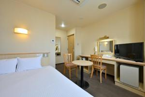 a hotel room with a bed and a desk and a tv at Wakayama Daini Fuji Hotel in Wakayama