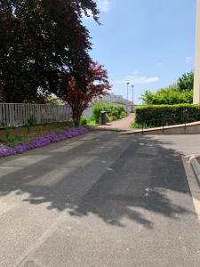 une rue vide avec un arbre et des fleurs violettes dans l'établissement Appartement aux portes de Paris, à Créteil