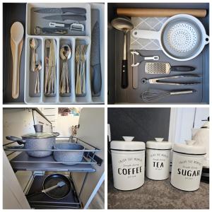a collage of photos with utensils in a kitchen at Galaxy Apartments 2 in Słupsk +3 photos