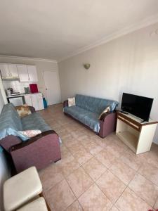 ein Wohnzimmer mit 2 Sofas und einem TV in der Unterkunft BASILS APART HOTEL in Marmaris