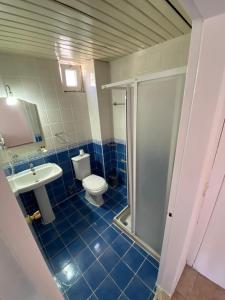 ein blau gefliestes Bad mit einem WC und einer Dusche in der Unterkunft BASILS APART HOTEL in Marmaris