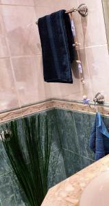a bathroom with a shower with a blue towel at Синьо лято /Blue summer in Sunny Beach +10 photos