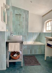 un bagno con lavandino e doccia di Landhaus von 1836 im Naturpark Schlei a Twedt Altre 28 foto