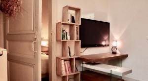 a living room with a tv and a book shelf at Chambres d hôtes Koko et Baobab in Bordeaux